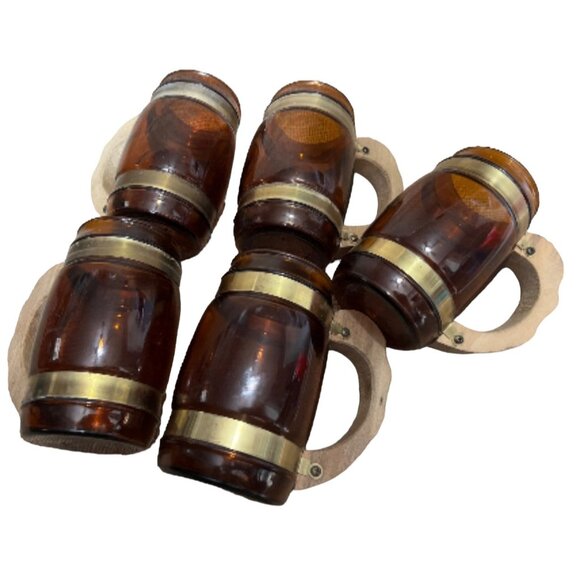 Vintage 1960s Siesta Ware Amber Glass Barrel Mugs Set Of 5 With Wooden Handles & - Picture 8 of 10